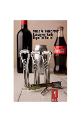 Toptan Bulurum 4 lü set Barmen Tipi Şişe Açacağı ve Tirbuşon Konserve Açıcı Dayanıklı ve Pratik