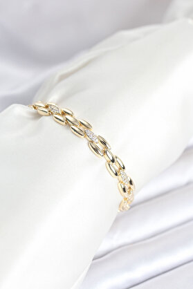Toptan Bulurum Pirinç Gold Renk Zincir Model Zirkon Taşlı Kadın Bileklik