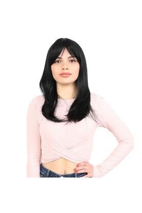 Emvera Düz Perçemli Orta Boy Fiber Sentetik Peruk - Siyah