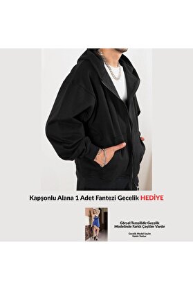 Ethab Gi̇yi̇m Ethab-Unısex Fermuarlı Kapşonlu İçi̇ Polarlı Sweatshi̇rt Si̇yah Cepli̇ Model(Geceli̇k Hedi̇ye)