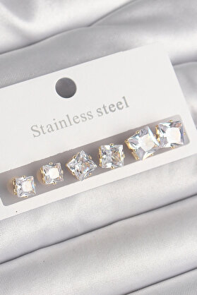Buti̇k 316L Çeli̇k Gold Renk Kare Zi̇rkon Taş Model Kadın Küpe Seti̇