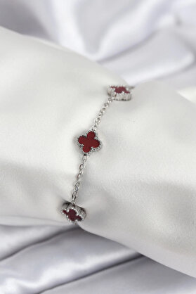 Buti̇k 316L Çeli̇k Gümüş Renk Bordo Baby Boy Yonca Kadın Bi̇lekli̇k