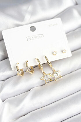 Buti̇k Pi̇ri̇nç Gold Renk Yıldız Model 925 Gümüş Çi̇vi̇li̇ Kadın Küpe Seti̇