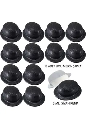 Evi̇mdeyokyok Si̇yah Renk Si̇mli̇ Melon Yuvarlak Parti̇ Şapkası 12 Adet