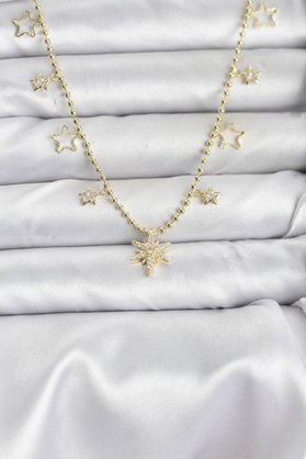 Evimdeyokyok Pirinç Gold Renk Zirkon Taşlı Kutup Yıldızı Model Kadın Kolye Tj-Bko10649