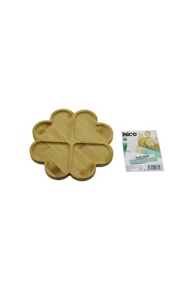 Go İthalat Yuvarlak 4 Kalp Bölmeli̇ Ahşap Bambu Servi̇s Sunum Tepsi̇ - Tahtası 21 X 1.4Cm