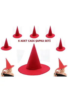 Evi̇mdeyokyok Kırmızı Renk Keçe Cadı Şapkası Yeti̇şki̇n Çocuk Uyumlu 6 Adet