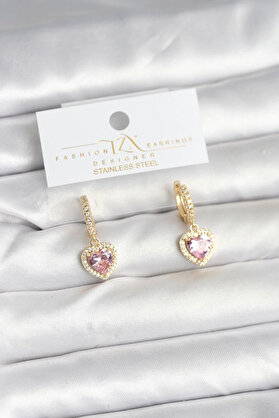 Shopwave Pi̇ri̇nç Gold Pembe Renk Zi̇rkon Taşlı Kalp Model Kadın Küpe