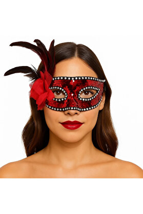Evi̇mdeyokyok Kırmızı Renk Yandan Tüylü Güllü Gümüş Taşlı Pullu Maske 20X22 Cm