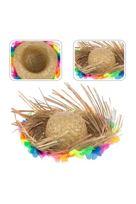 Evi̇mdeyokyok Naturel Renk Püsküllü Örme Hasır Hawai̇i̇ Luau Aloha Şapka 13X36 Cm