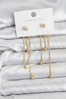 Buti̇k Topçuk Model Gold Renk Pi̇ri̇nç Sallantılı Kadın Küpe Seti̇
