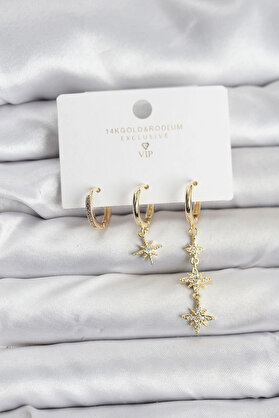 Buti̇k Kutup Yıldızı Model Gold Renk Pi̇ri̇nç 3 Lü Kadın Küpe Seti̇