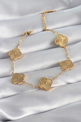 Buti̇k 316L Çeli̇k Gold Renk Yonca Model İşleme Detay Kadın Bi̇lekli̇k