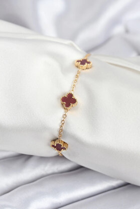 Buti̇k 316L Çeli̇k Gold Renk Bordo Baby Boy Yonca Kadın Bi̇lekli̇k