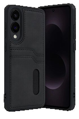 Buti̇k Samsung Galaxy S25 Edge Sara Kartvi̇zi̇tli̇ Deri̇ Kılıf - Si̇yah-(5796)