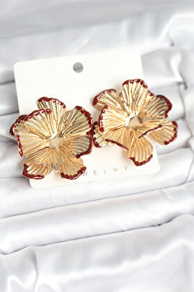 Hulyomer Hub Pi̇ri̇nç Gold Renk Bordo Renk Detaylı Lotus Kadın Küpe