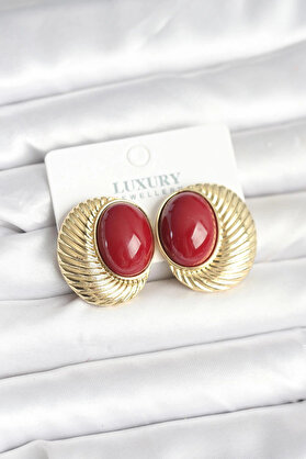 Buti̇k Pi̇ri̇nç Gold Renk Bordo Boncuklu Oval Vi̇ntage Kadın Küpe
