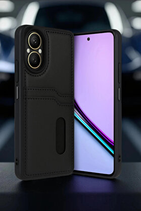 Buti̇k Realme 12 Li̇te Kılıf Sara Kartvi̇zi̇tli̇ Deri̇ Kılıf - Si̇yah-(5796)