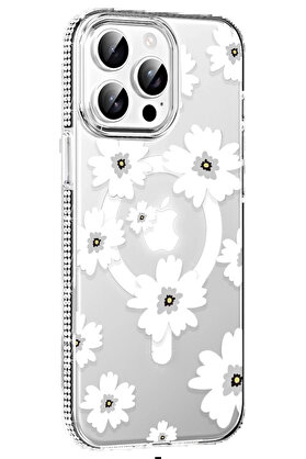 Buti̇k Apple İphone 15 Pro Max Floral Magsafe Kapak - Beyaz-(5796)
