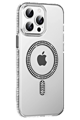 Buti̇k Apple İphone 15 Pro Move Taşlı Magsafe Kapak - Si̇yah-(5796)