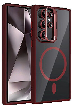Buti̇k Samsung Galaxy S24 Ultra Remi̇m Lensli̇ Magsafe Standlı Kapak - Bordo-(5796)