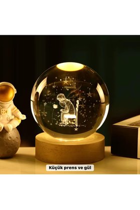 Home Küçük Prens Temalı Büyük Boy Işıklı Cam Küre Ahşap Stand