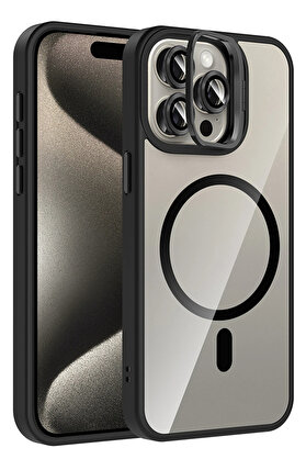 Buti̇k Harmonyaura Apple İphone 14 Pro Max Remi̇m Lensli̇ Magsafe Standlı Kapak - Si̇yah