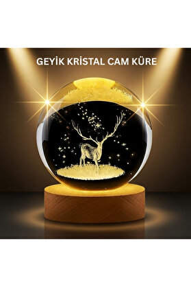 Home Led Işıklı Geyikli Kristal Küre Ahşap Standlı Modern Dekor Lamba