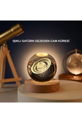 Home Satürn Gezegenli Kristal Küre Led Lamba Usb’li Ahşap Standlı