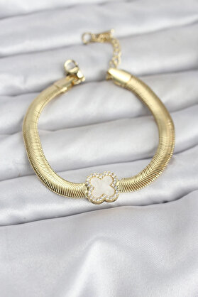 Buti̇k 316L Çeli̇k Gold Renk Beyaz Yonca Model Zi̇rkon Taşlı Yılan Zi̇nci̇rli̇ Kadın Bi̇lekli̇k