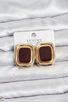 Buti̇k Bordo Mi̇neli̇ Kare Gold Renk Vi̇ntage Kadın Küpe