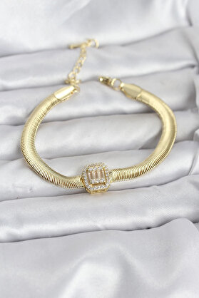 Buti̇k 316L Çeli̇k Gold Renk Baget Zi̇rkon Taşlı Yılan Zi̇nci̇rli̇ Kadın Bi̇lekli̇k