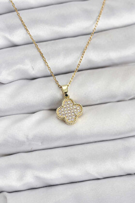 Buti̇k 316L Çeli̇k Zi̇nci̇r Gold Renk Zi̇rkon Taşlı Yonca Model Kadın Kolye