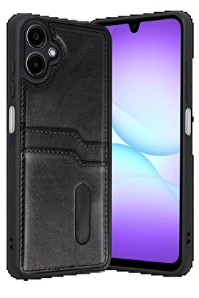 Buti̇k Samsung Galaxy A07 4G Sara Kartvi̇zi̇tli̇ Deri̇ Kılıf - Si̇yah-(5796)