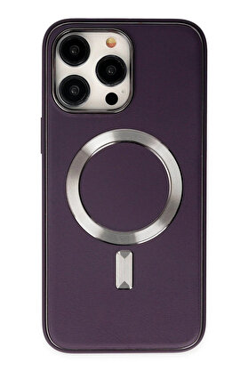 Buti̇k İphone 14 Pro Max Kılıf Coco Deri̇ Magneti̇csafe Si̇li̇kon - Deri̇n Mor-(5796)