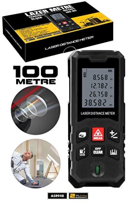 ASSUR Profesyonel Lazer Terazili Dijital Mesafe Ölçer 100 Metre Ölçüm Cihazı Siyah Lazer Metre