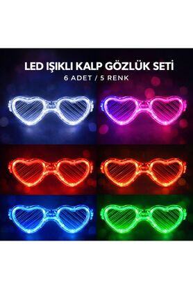 Evi̇mdeyokyok Led Işıklı Kalp Glow Pi̇lli̇ Parti̇ Gözlüğü – 6 Adet / 5 Renk Set