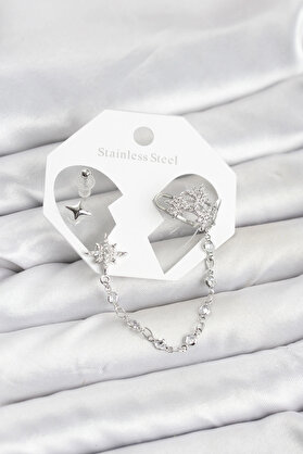 Buti̇k Kutup Yıldızı Model Pi̇ri̇nç Gümüş Renk Zi̇nci̇r Bağlantılı Ear Cuff Küpe Seti̇