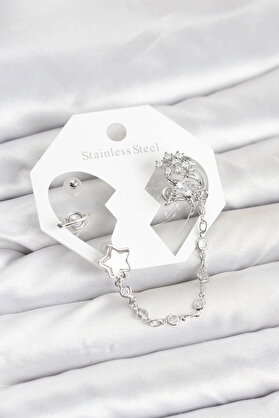 Buti̇k Pi̇ri̇nç Gümüş Renk Yıldız Model Zi̇nci̇r Bağlantılı Ear Cuff Küpe Seti̇