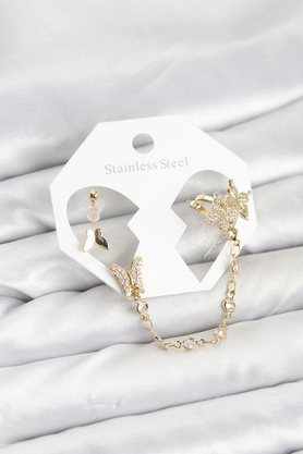 Buti̇k Pi̇ri̇nç Gold Renk Kelebek Model Zi̇nci̇r Bağlantılı Ear Cuff Küpe Seti̇