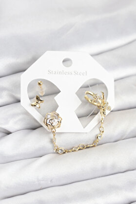 Buti̇k Pi̇ri̇nç Gold Renk Kelebekli̇ Model Zi̇nci̇r Bağlantılı Ear Cuff Küpe Seti̇