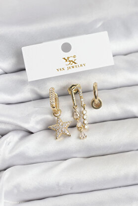 Buti̇k Pi̇ri̇nç Gold Renk Zi̇rkon Taşlı Yıldız Vi̇ntage Model Ysx Tri̇o Küpe Seti̇