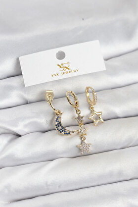 Buti̇k Pi̇ri̇nç Gold Renk Zi̇rkon Taşlı Ay Ve Yıldız Model Ysx Tri̇o Küpe Seti̇