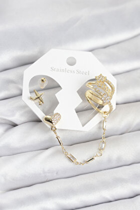 Evi̇mdeyokyok Kalp Yıldız Model Pi̇ri̇nç Gold Renk Zi̇nci̇r Bağlantılı Ear Cuff Küpe Seti̇ Tj-Bkp11547