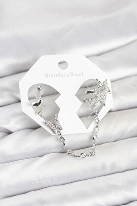 Buti̇k Pi̇ri̇nç Gümüş Renk Kelebek Model Zi̇nci̇r Bağlantılı Ear Cuff Küpe Seti̇