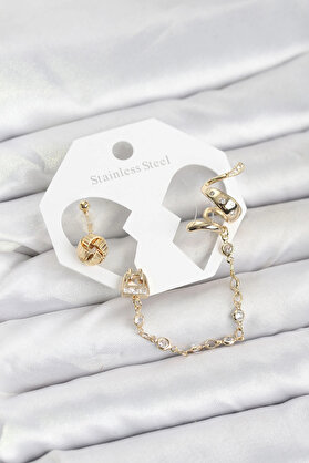Buti̇k Pi̇ri̇nç Gold Renk Yılan Model Zi̇nci̇r Bağlantılı Ear Cuff Küpe Seti̇