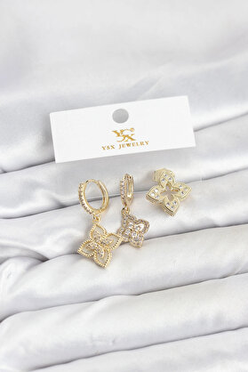 Buti̇k Pi̇ri̇nç Gold Renk Yonca Model Ysx Tri̇o Küpe Seti̇
