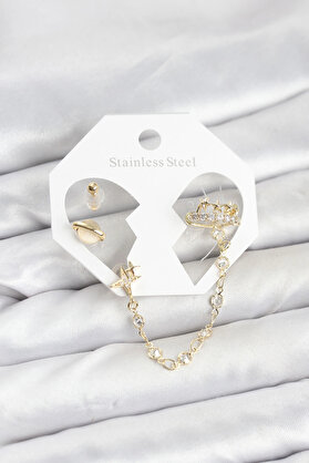 Buti̇k Pi̇ri̇nç Gold Renk Uzay Model Zi̇nci̇r Bağlantılı Ear Cuff Küpe Seti̇