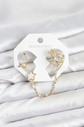 Buti̇k Pi̇ri̇nç Gold Renk Yıldız Model Zi̇nci̇r Bağlantılı Ear Cuff Küpe Seti̇
