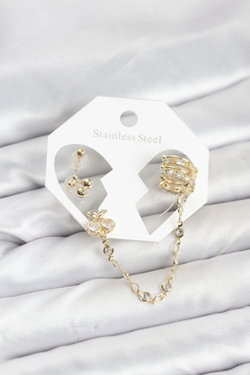 Buti̇k Ki̇raz Model Pi̇ri̇nç Gold Renk Zi̇nci̇r Bağlantılı Ear Cuff Küpe Seti̇